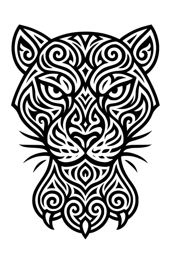 Free Jaguar Panther Coloring Page - Swirling Tribal Face Portrait (Printable PDF)