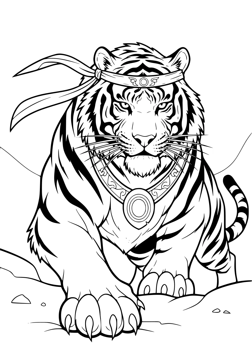 Tiger with headband and medallion walking on rocks, bold stripes, large paws, mountain background.