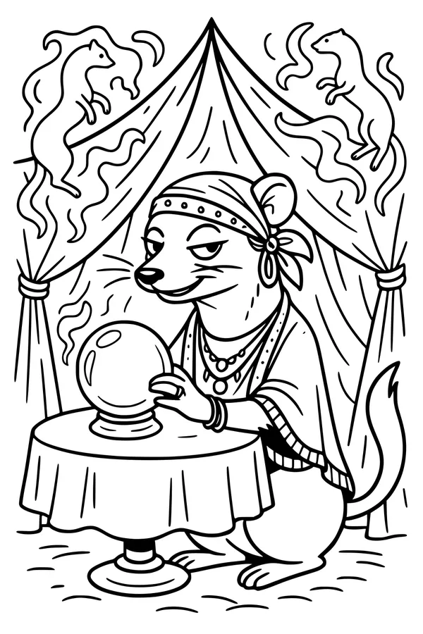 Free Weasel Coloring Page - Fortune Teller in Crystal Ball Tent (Printable PDF)