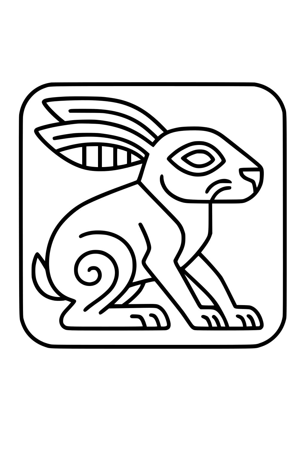 Simple outlined hare with large striped ears, spiral tail, and strong legs inside a rounded square border.