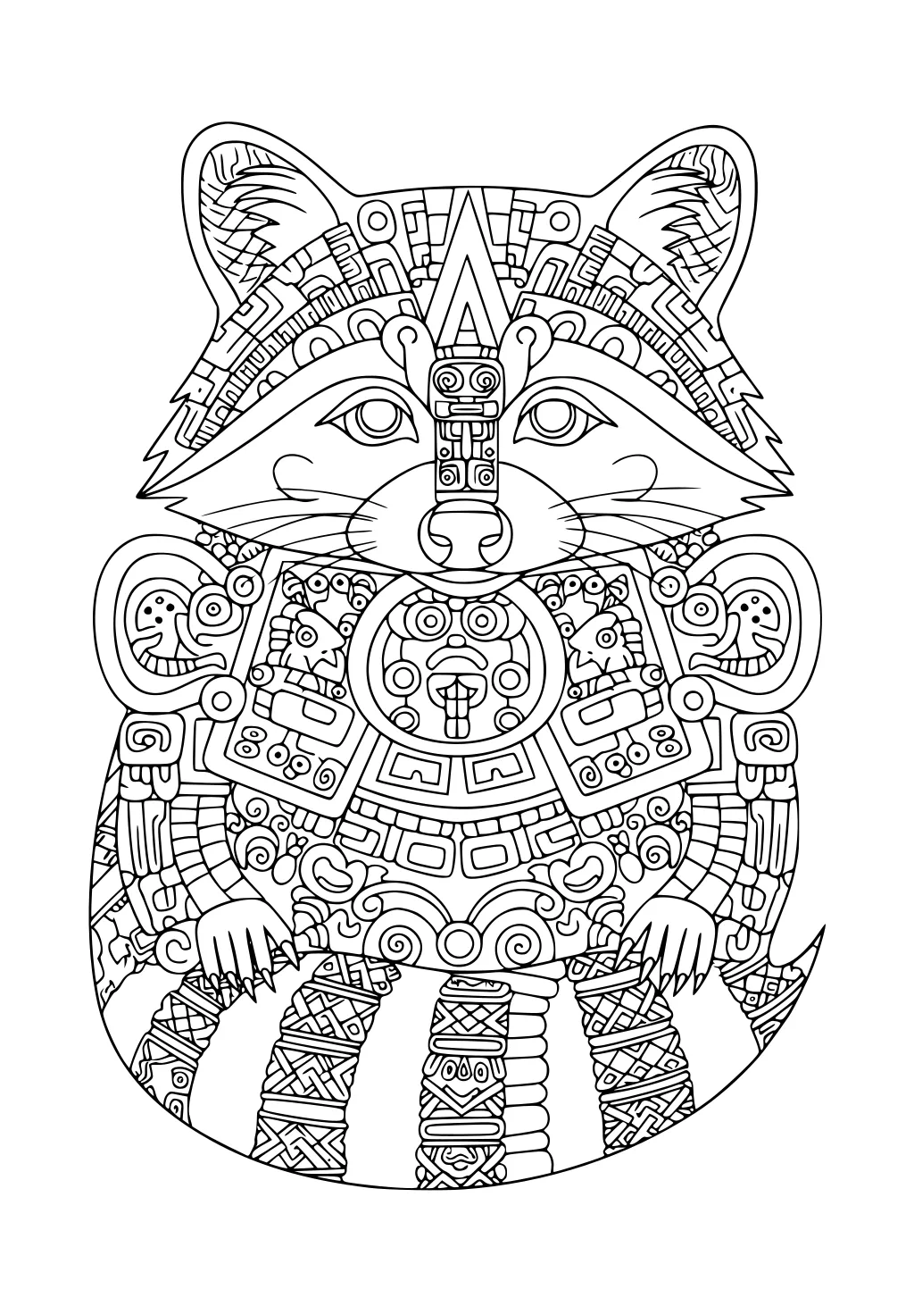 Raccoon sitting up with head, body, and tail covered in intricate geometric patterns and detailed lines.