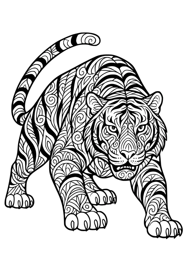 Free Tiger Coloring Page - Swirling Stripes Jungle King (Printable PDF)