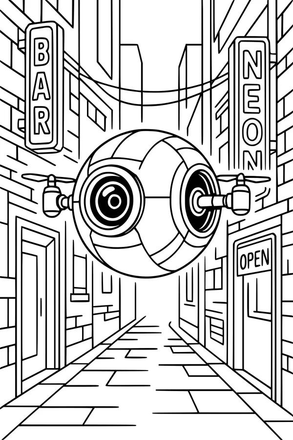 Free Robot Drone Coloring Page - Neon City Alley Patrol (Printable PDF)