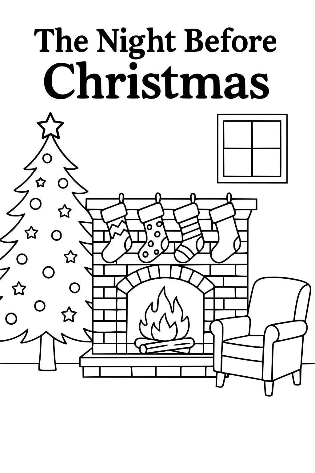 Brick fireplace with four stockings and fire, Christmas tree with star and ornaments, armchair and window.