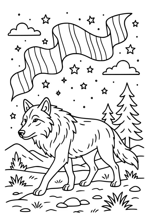 Free Wolf Coloring Page - Moonlit Forest Trail at Night (Printable PDF)