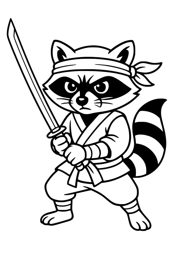 Free Raccoon Coloring Page - Ninja Warrior With Sword (Printable PDF)