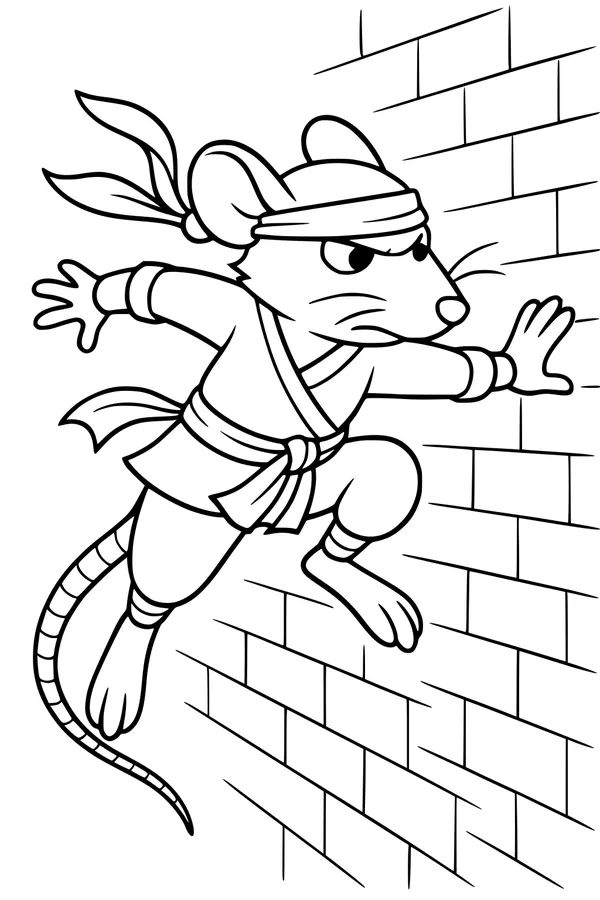 Free Rat Coloring Page - Ninja Rat Leaping Against Brick Wall (Printable PDF)