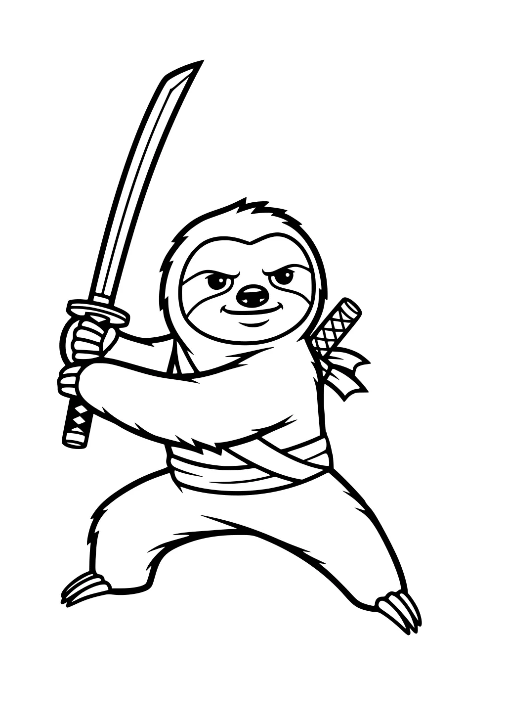 Sloth ninja stands on two legs, gripping a sword with both hands, bandana on head and second sword on his back.
