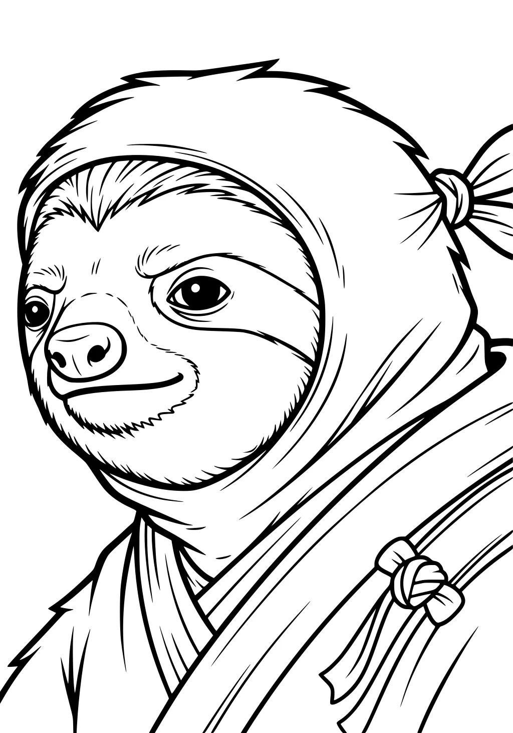 A sloth in a ninja hood and robe with a tied knot, facing forward with a peaceful expression.