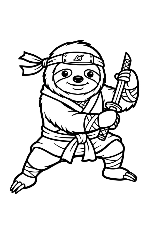 Free Sloth Coloring Page - Cute Ninja Sloth With Sword (Printable PDF)