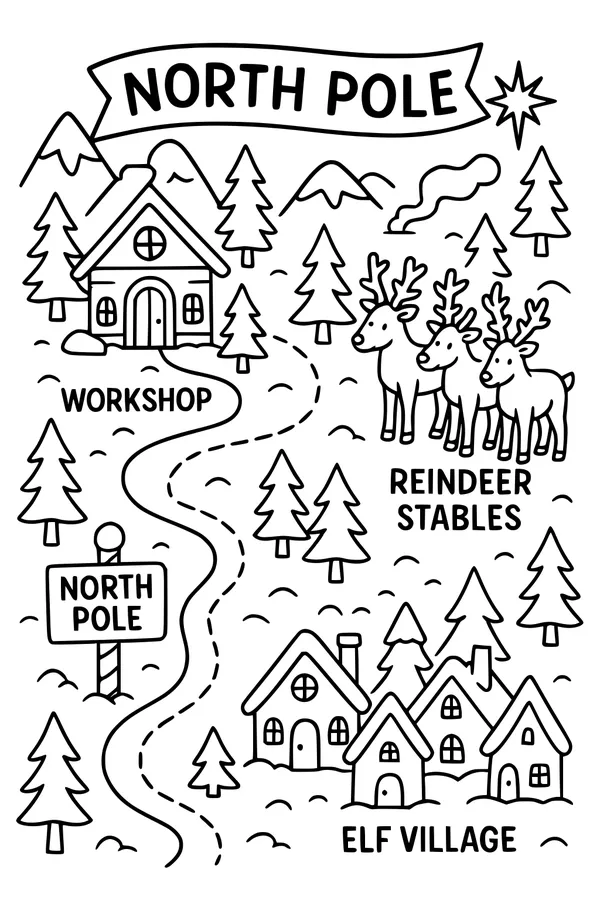 Free North Pole Christmas Coloring Page - Road to Santa's Elf Village (Printable PDF)