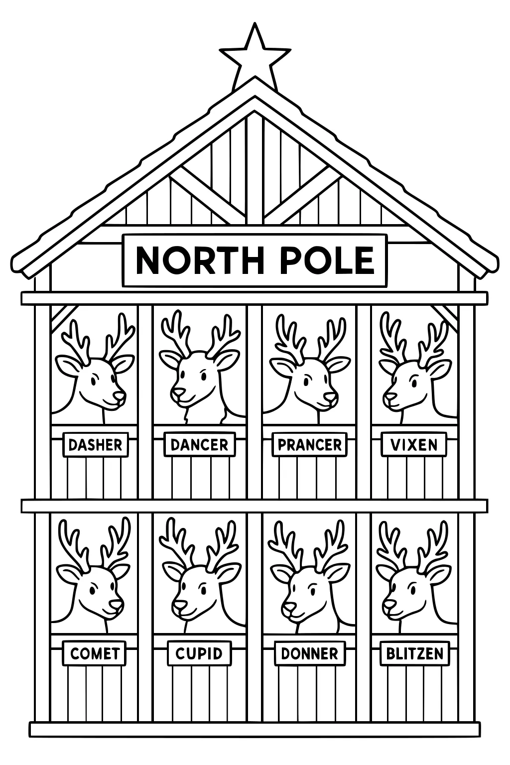 North Pole barn with star and sign, eight reindeer in labeled stalls: Dasher, Dancer, Prancer, Vixen, Comet, Cupid, Donner, Blitzen.