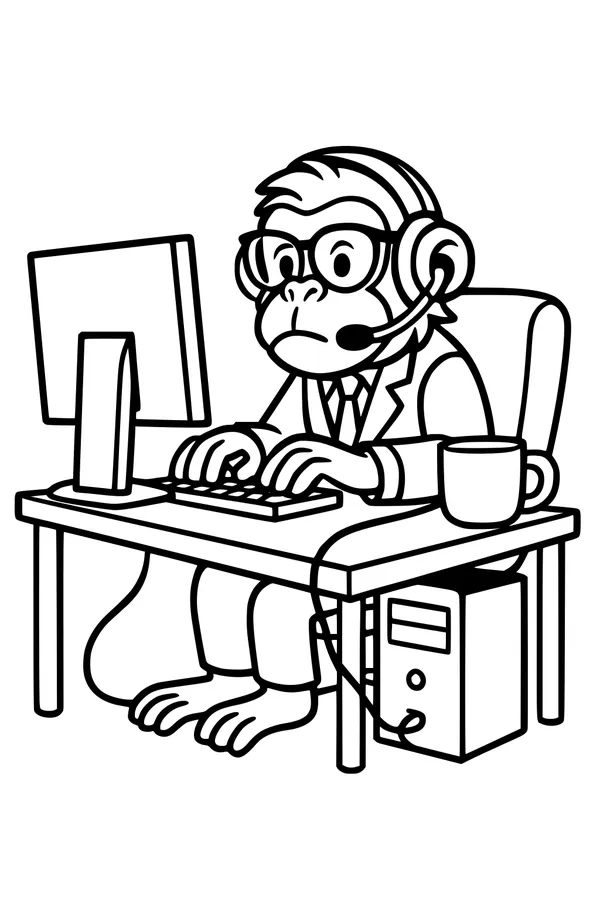 Free Monkey Coloring Page - Office Worker Typing at Desk (Printable PDF)