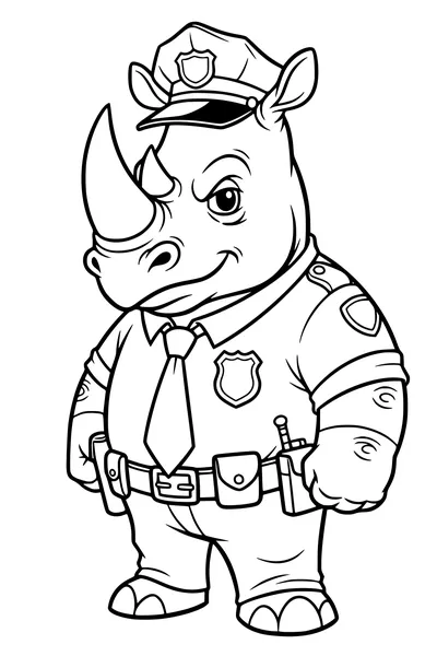 Free Rhinoceros Coloring Page - Cartoon Police Officer on Patrol (Printable PDF)