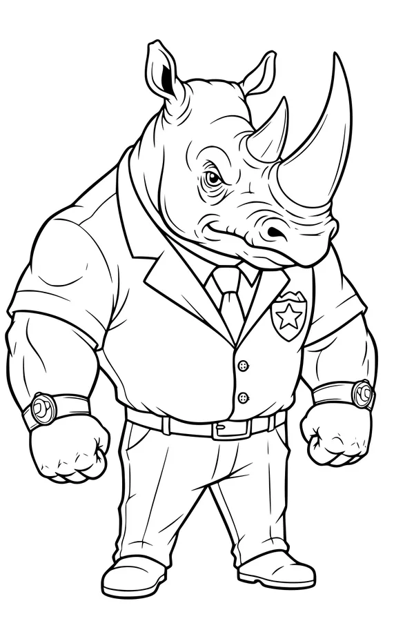 Free Rhinoceros Coloring Page - Muscular Rhino Police Officer (Printable PDF)