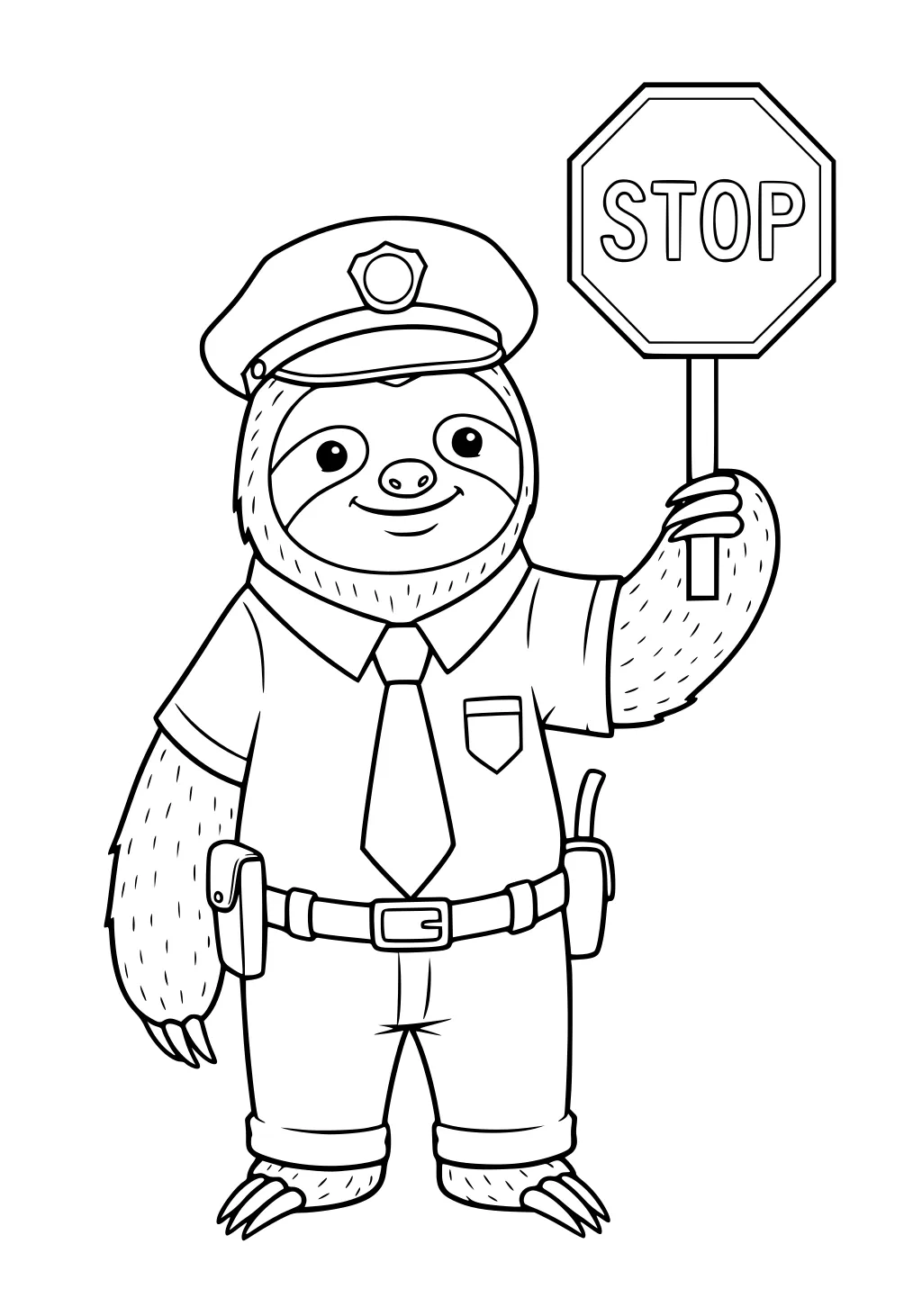 Sloth in a police uniform holding a stop sign, wearing a hat, tie, and utility belt.