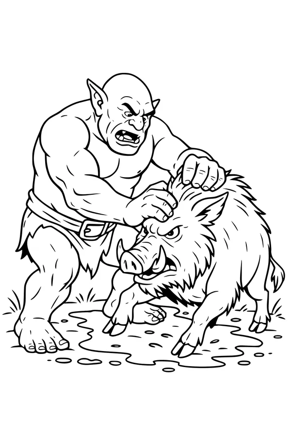 Free Ogre Coloring Page - Muddy Match With Wild Boar (Printable PDF)