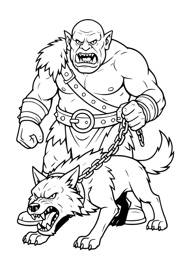 Free Ogre Coloring Page - Ogre With Snarling Wolf on Chain Leash (Printable PDF)