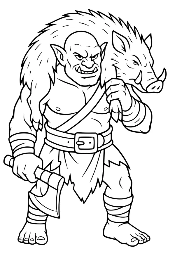 Free Ogre Coloring Page - Woodland Warrior With Boar Pelt (Printable PDF)