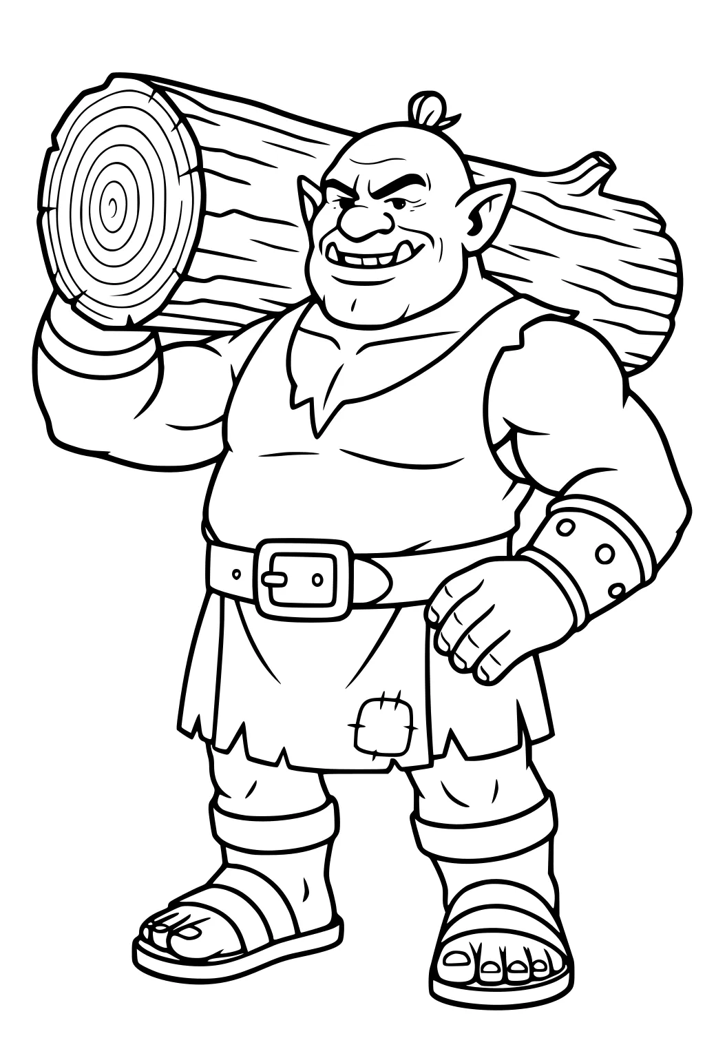 Cartoon ogre carries a big log on his shoulder, in a patched tunic with belt, wristbands, and sandals, grinning with big ears.