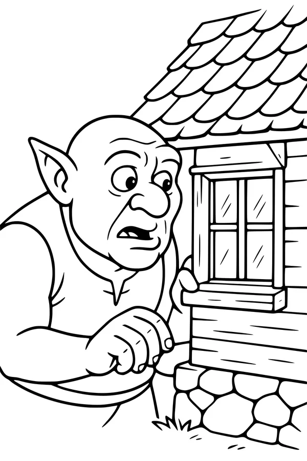 Free Ogre Coloring Page - Peeking In Cottage Window (Printable PDF)