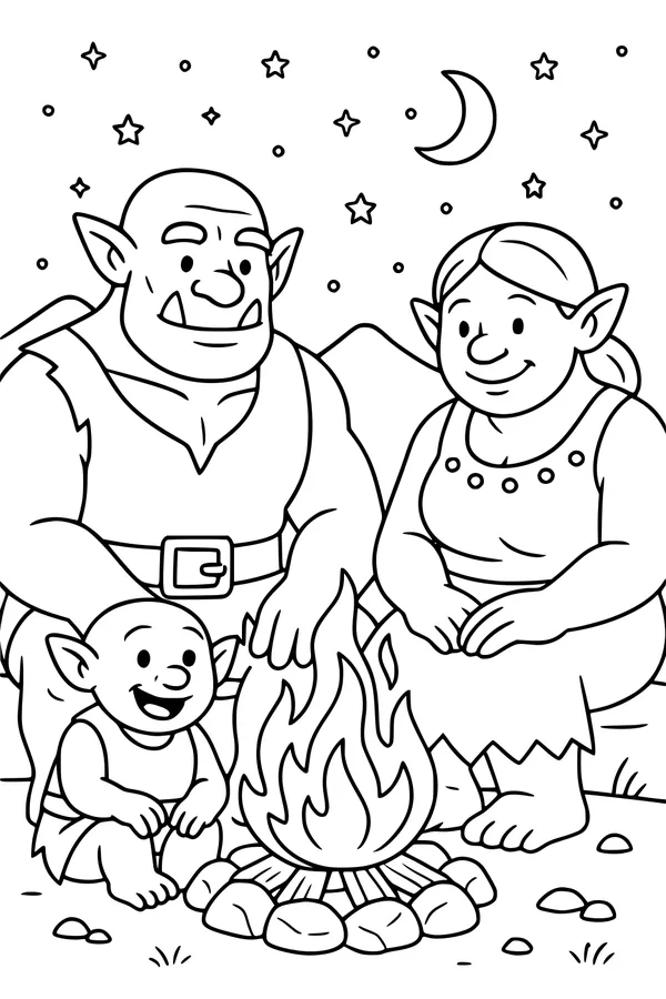 Free Ogre Family Coloring Page - Cozy Campfire Night Scene (Printable PDF)