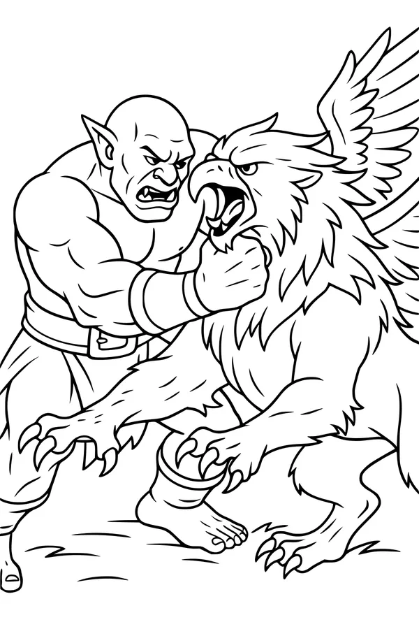 Free Ogre and Griffin Coloring Page - Epic Wrestling Standoff (Printable PDF)
