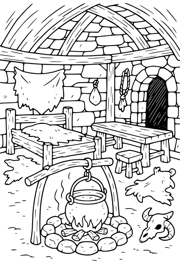 Free Ogre Hut Coloring Page - Cozy Stone Interior Scene (Printable PDF)