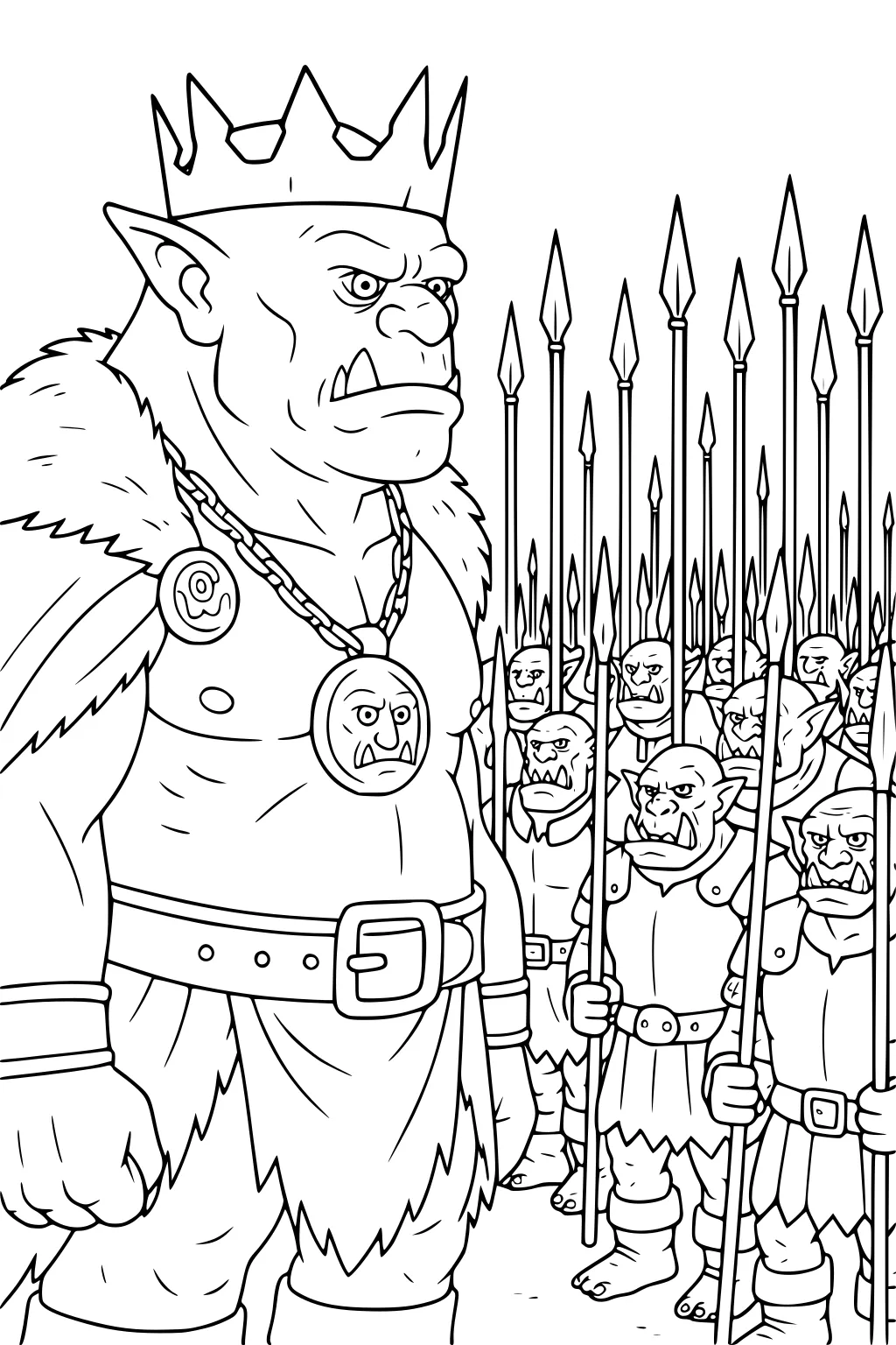 Ogre king with crown and fur cloak before rows of ogre soldiers holding upright spears, all with stern faces.