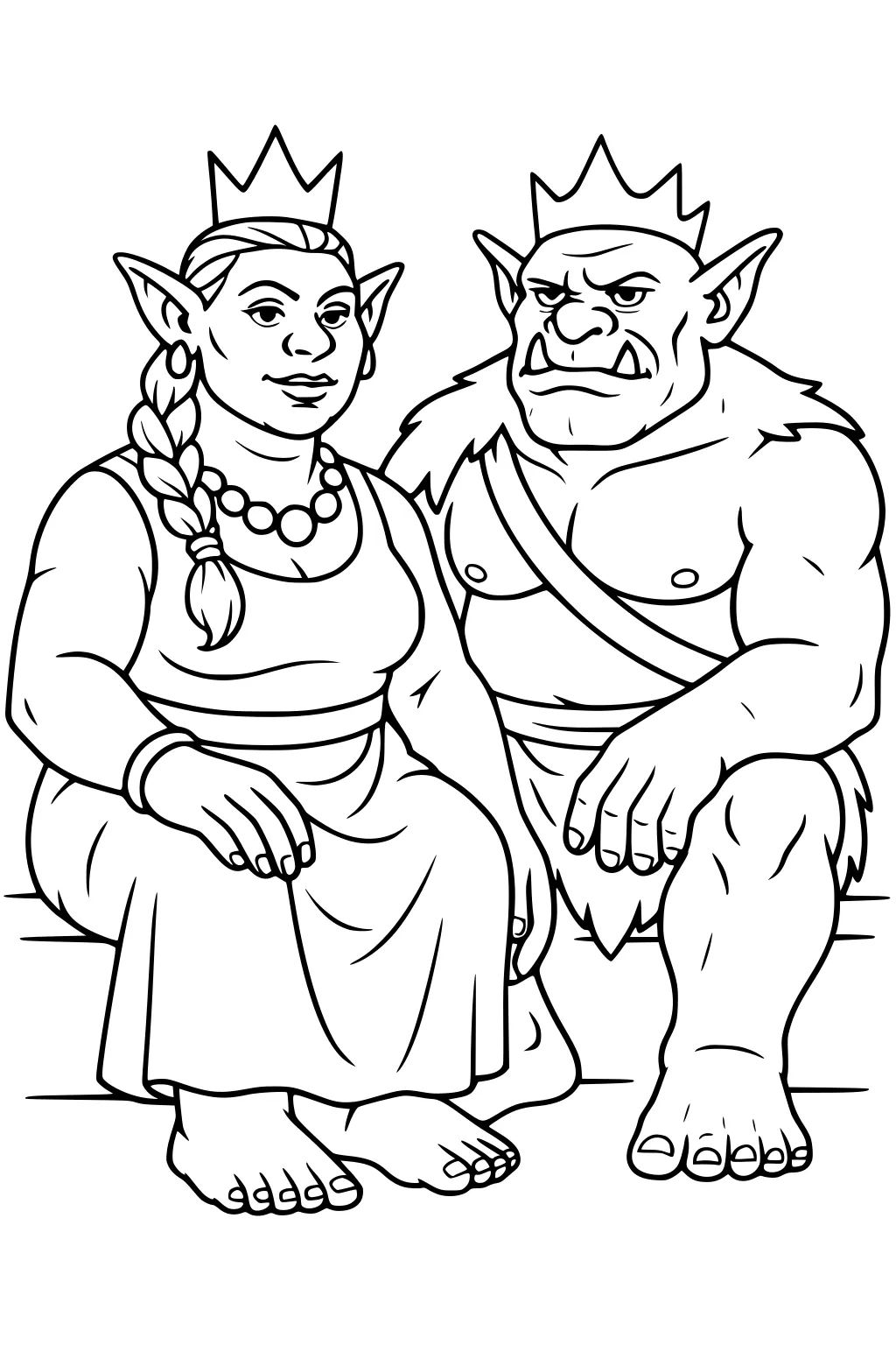 Two crowned ogres sit side by side on a bench; the queen wears a dress, braid, and beads, the king shows tusks and fur sash.