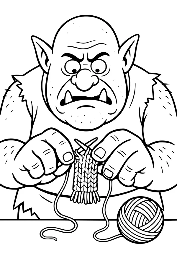 Free Ogre Coloring Page - Grumpy Ogre Knitting a Tiny Scarf (Printable PDF)