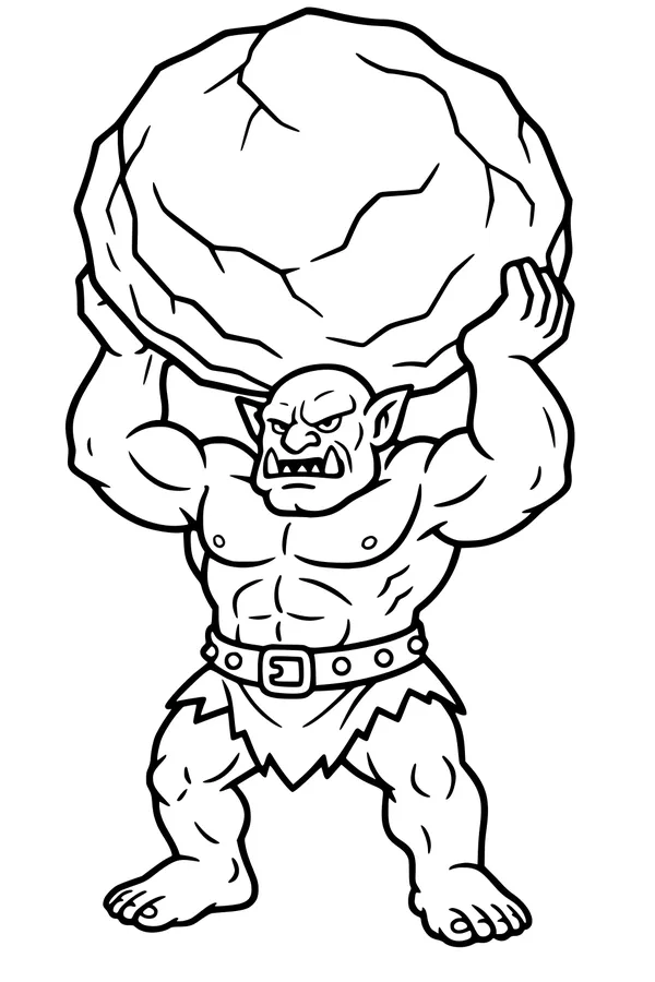 Free Ogre Coloring Page - Strong Ogre Lifting Giant Boulder (Printable PDF)