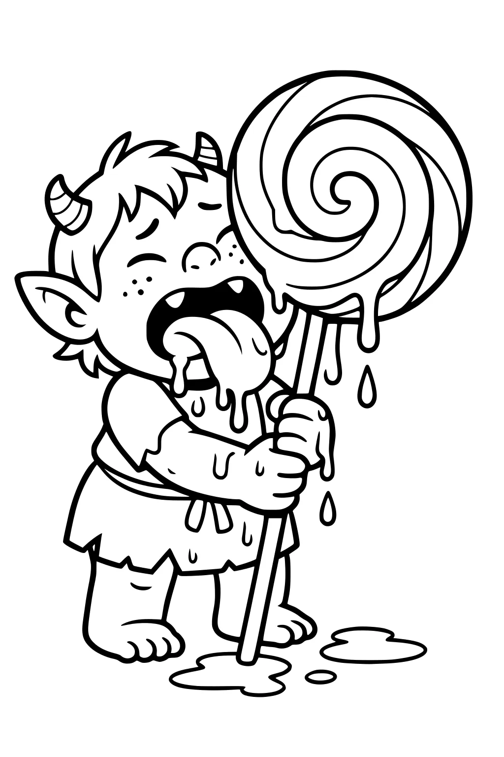 Ogre boy licking a huge spiral lollipop with sticky drips and puddles, wearing a rag tunic and rope belt.