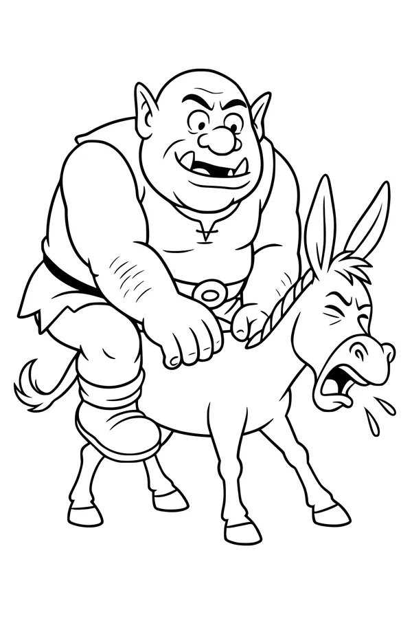 Free Ogre Coloring Page - Cartoon Ogre Riding a Braying Donkey (Printable PDF)
