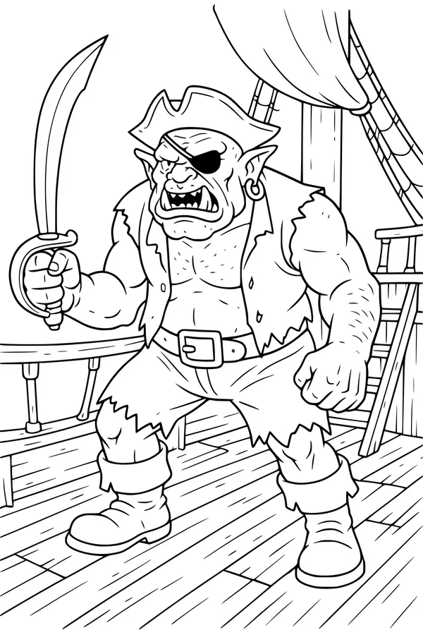 Free Ogre Pirate Coloring Page - Cutlass on Stormy Ship Deck (Printable PDF)