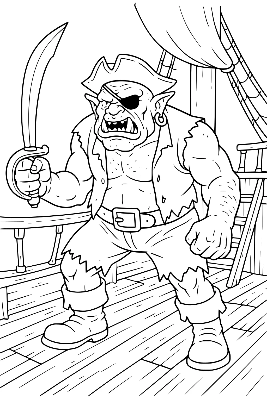 Ogre pirate with eyepatch and cutlass on a wooden ship deck, wearing torn vest and boots with sail, mast, and rope ladder behind.