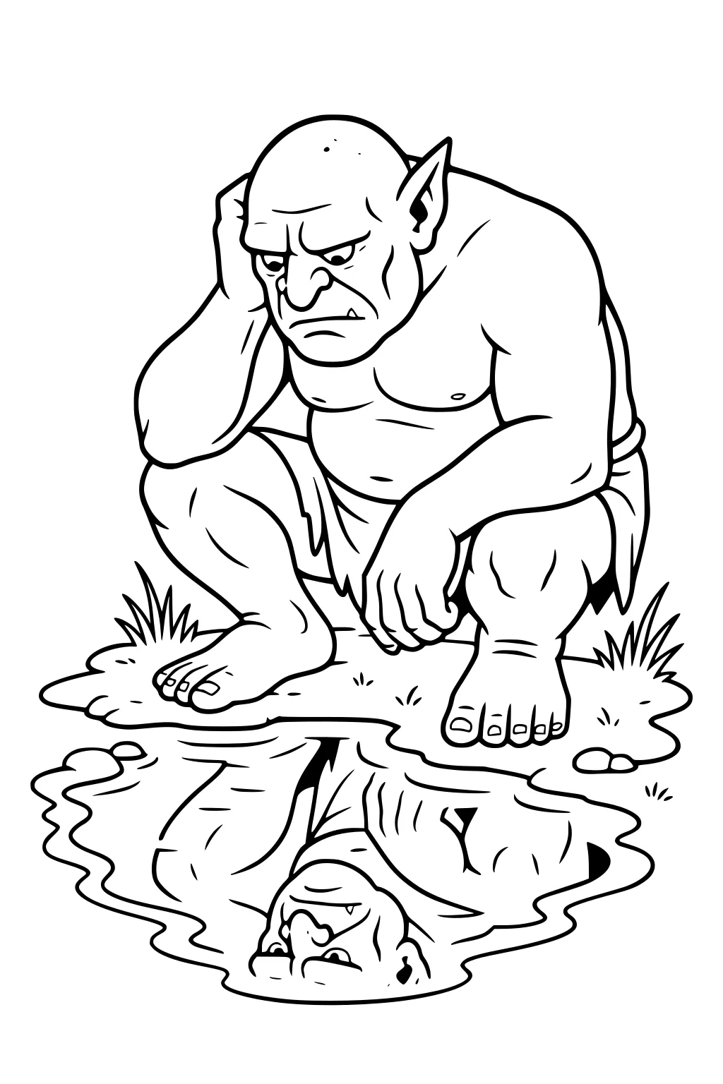 Bald ogre crouches by a pond, hand on his head, staring at his reflection with grass clumps and small stones around.