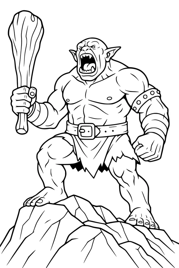 Free Ogre Coloring Page - Roaring Monster on Rocky Cliff (Printable PDF)