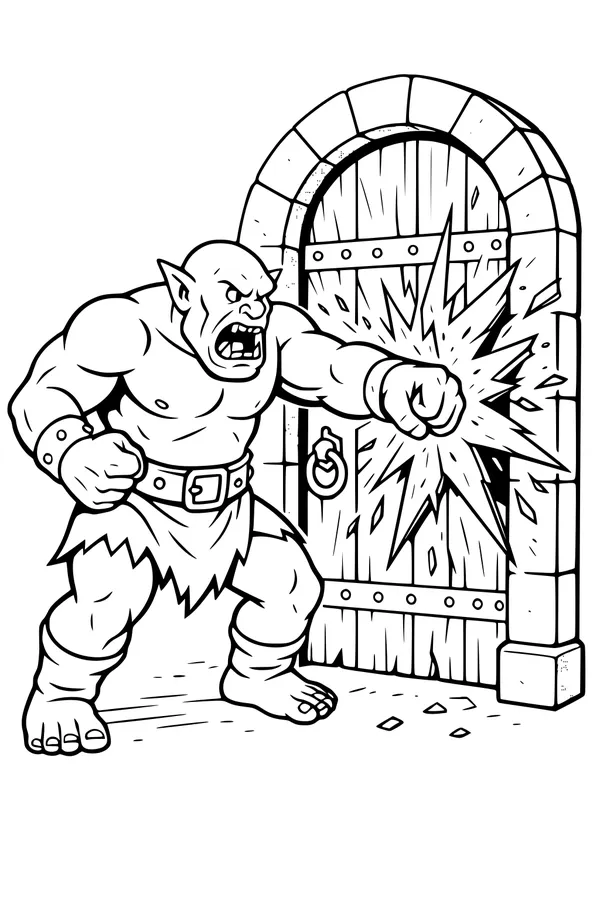 Free Ogre Coloring Page - Muscular Ogre Punching Castle Door (Printable PDF)