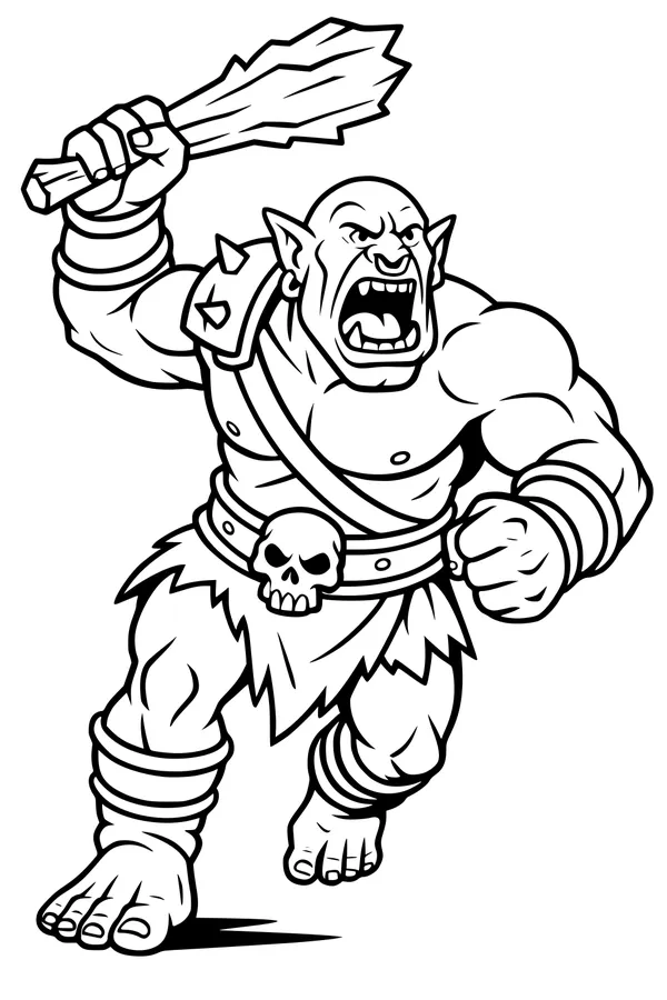 Free Ogre Coloring Page - Cartoon Warrior Running With Spiky Club (Printable PDF)