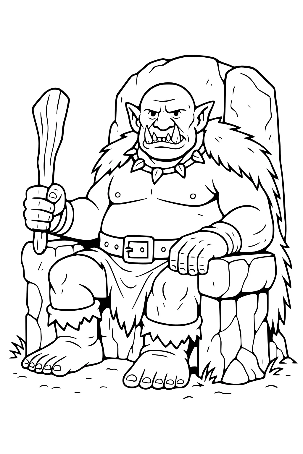 Ogre with tusks sits on a stone throne, holding a wooden club, wearing a fur cape and tooth necklace, with large bare feet.