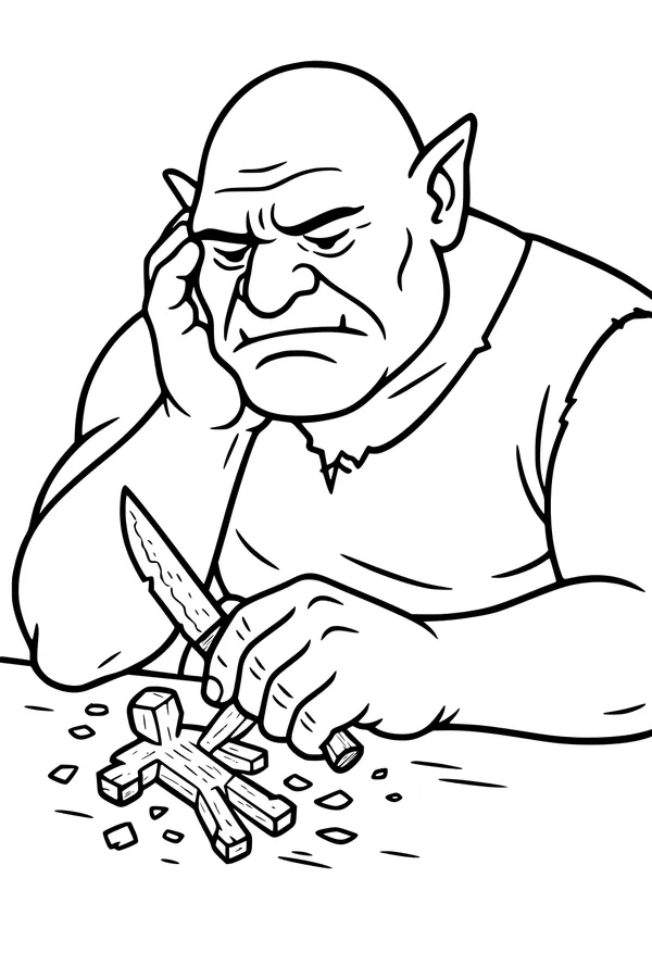 Free Ogre Coloring Page - Woodcarver Crafting Tiny Doll (Printable PDF)