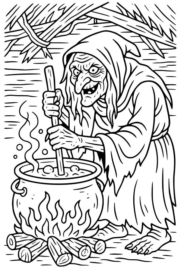 Free Witch Coloring Page - Old Witch Stirring Bubbling Cauldron (Printable PDF)