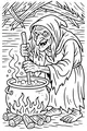 Free Witch Coloring Page - Old Witch Stirring Bubbling Cauldron (Printable PDF)