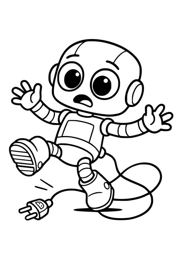 Free Robot Coloring Page - Oopsie Bot Tripping on Power Cord (Printable PDF)