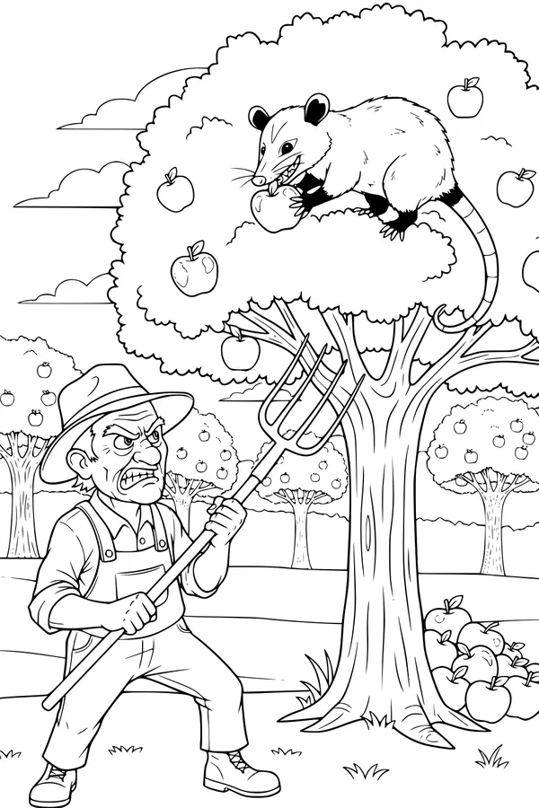 Free Opossum Coloring Page - Cheeky Orchard Thief in Apple Tree (Printable PDF)