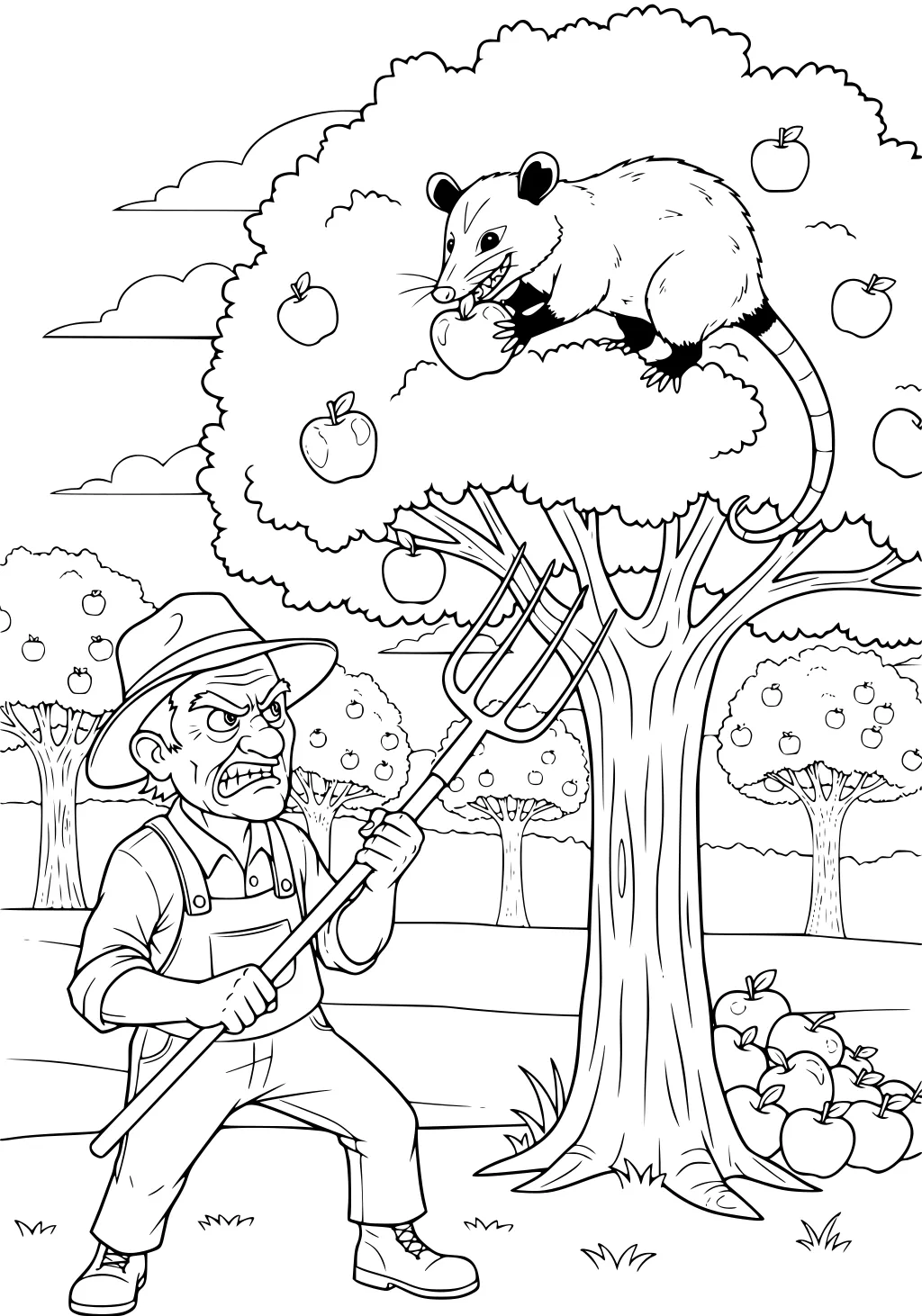 Opossum eating an apple in a tree while an angry farmer with a pitchfork stands below in an orchard.