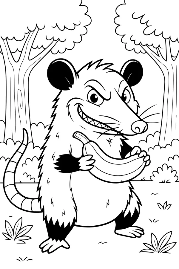Free Opossum Coloring Page - Grinning Cartoon With Banana in Forest (Printable PDF)
