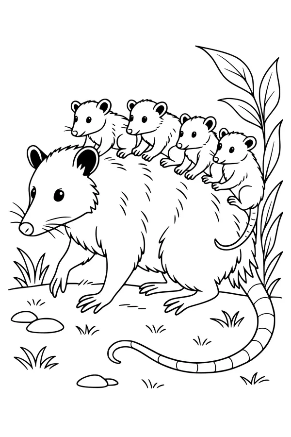 Free Opossum Coloring Page - Mama Opossum With Babies in Meadow (Printable PDF)