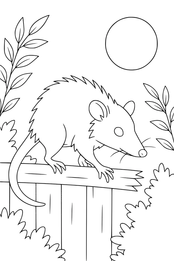 Free Opossum Coloring Page - Nighttime Fence Walk Under the Moon (Printable PDF)